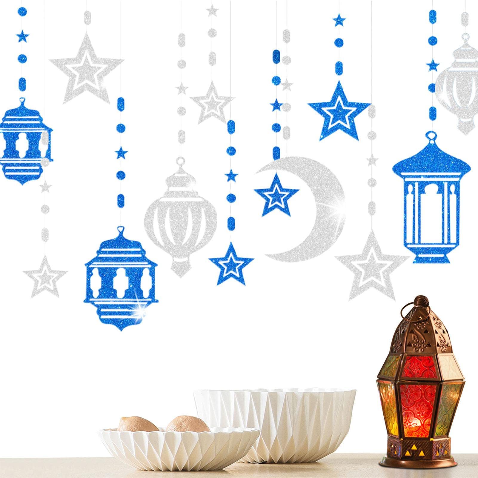 Qmisify Eid Decorations | Shiny 2023 Star Moon Lantern Garland Party Decoration - Atmosphere Arrangement Flower Easter Decor for Wall, Door, Living Room, Party Jinm-us