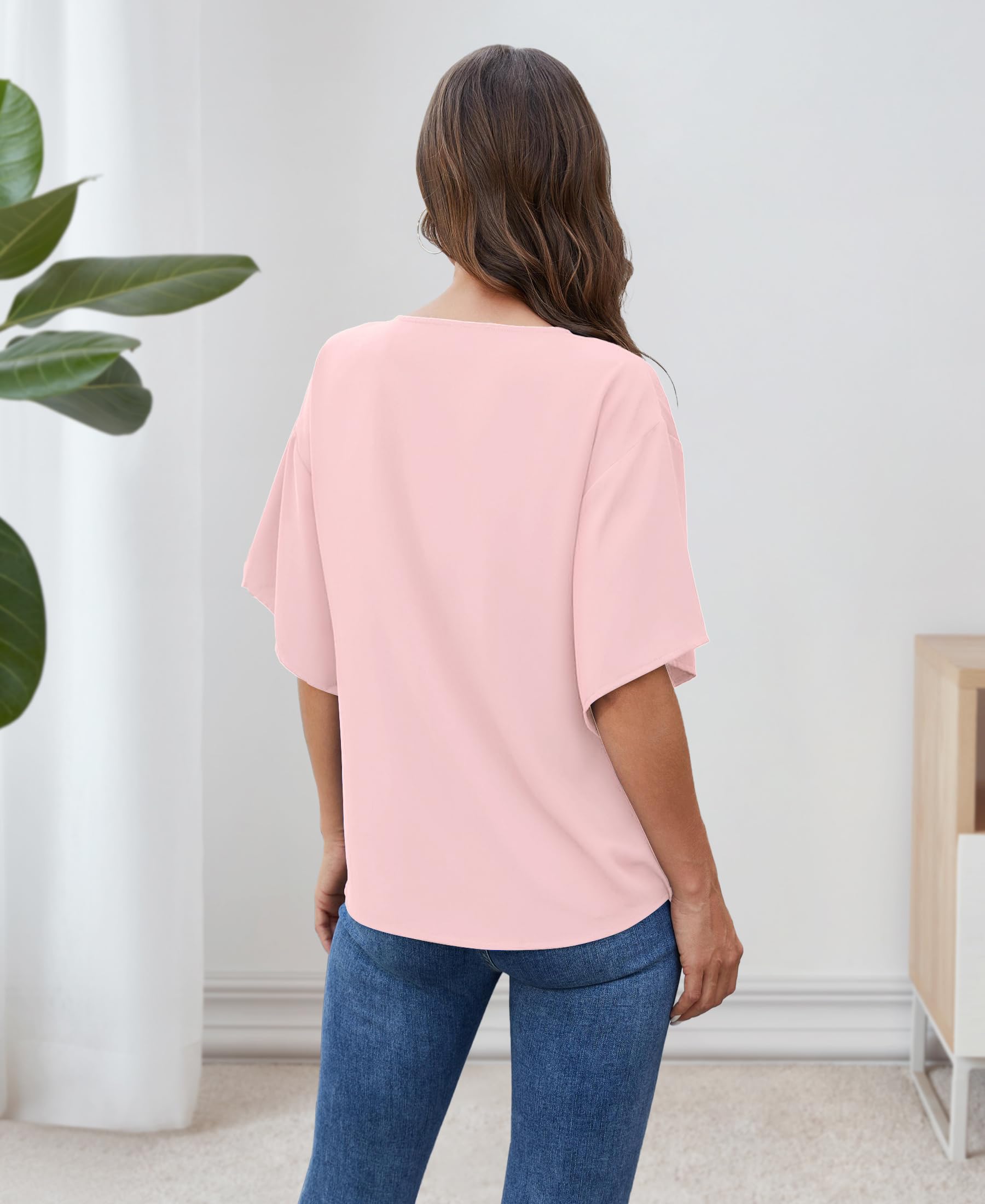 Camicette da donna in chiffon con scollo a V e rilegatura sul davanti, maniche a pipistrello, maniche corte, magliette estive e camicie