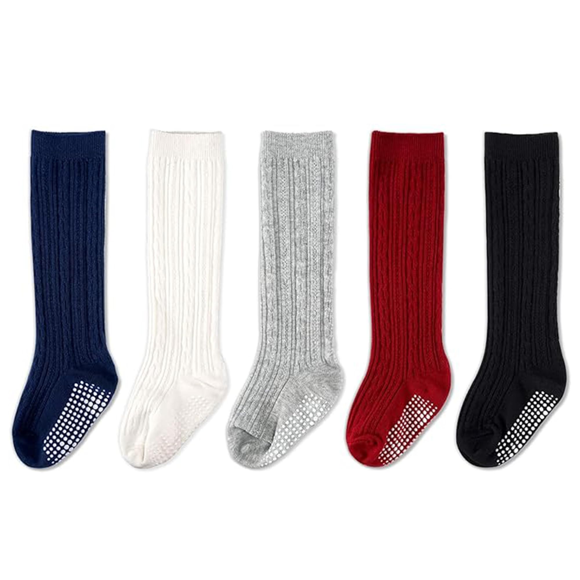 cozyway baby & toddler knee high socks with grippers non slip grip socks for girls soft comfy cotton 4-7 years black/white/gray/red/blue 5 pack
