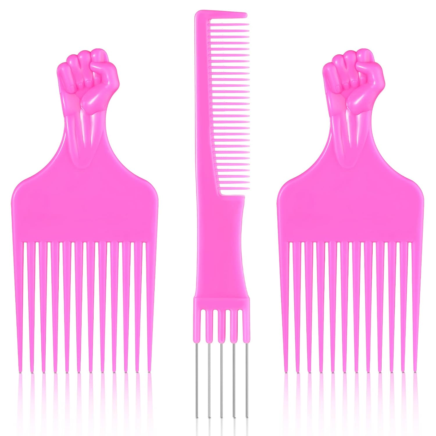 3 Pieces Metal Hair Pick Lift Hair Pick Salon Teasing Back Combs Pink or Black Carbon Comb with Stainless Steel Lift Teasing Combs with Metal Prong Combs for Women (Pink)