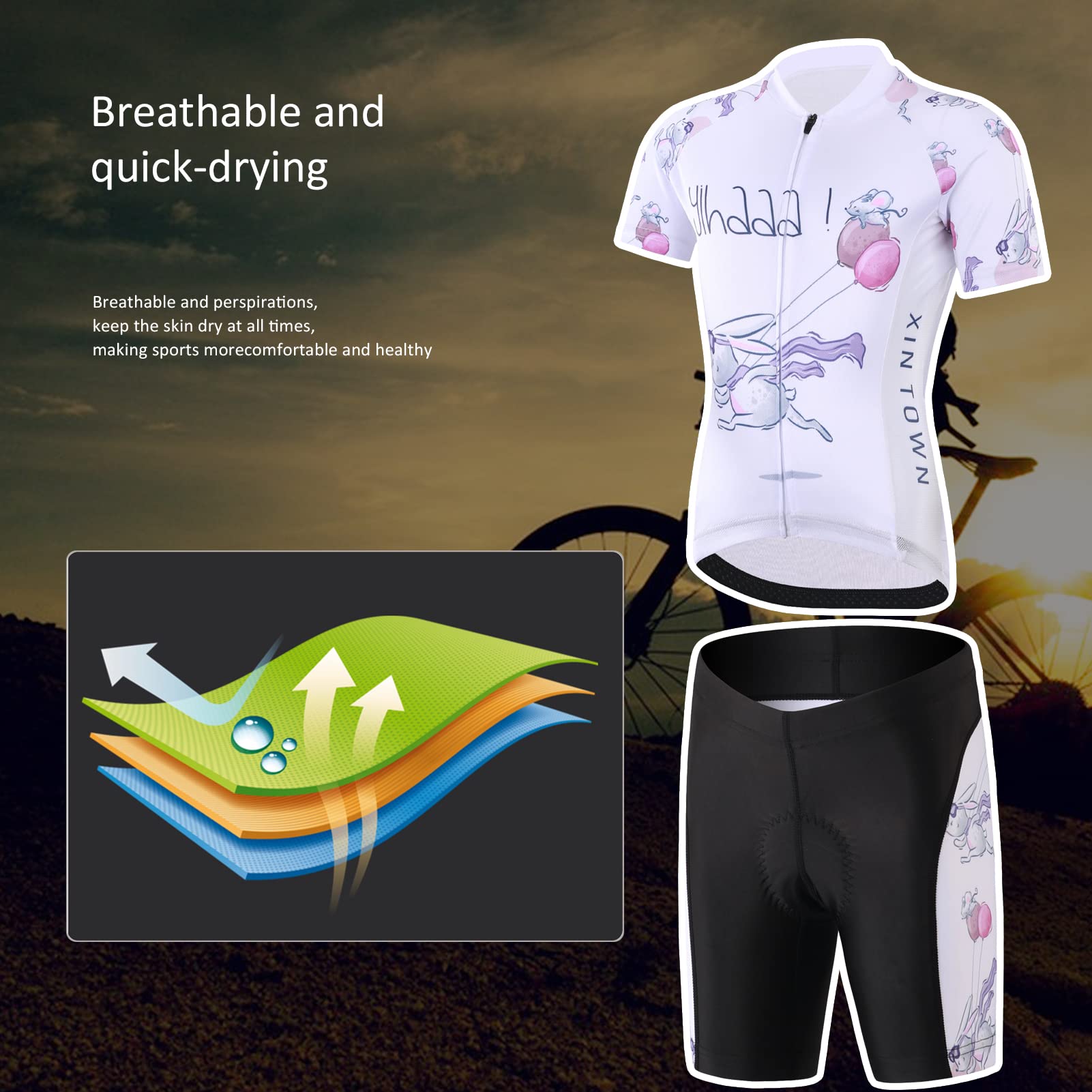 Set di maglia da ciclismo per bambini, da ciclismo, da ragazza, a maniche corte e pantaloncini corti con imbottitura
