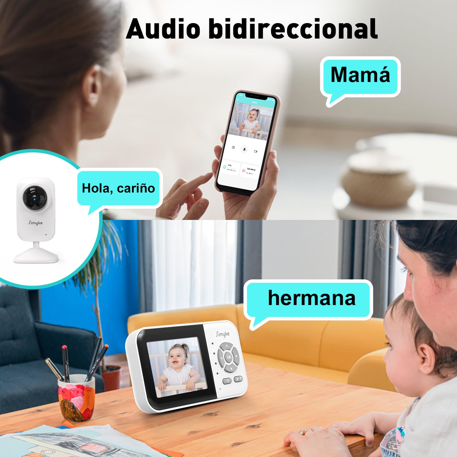 Simyke Monitor de Vídeo Mejorado para Bebé con 2 Cámaras y Audio Pantalla de 2,8'', Conversación de 2 Vías, Alcance de 1200 pies, Reloj de Alimentación, Detección de Temperatura, Cámara Inalámbrica