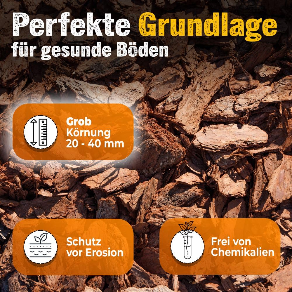 Pinienrinde grob 20–40 mm 140L (2x70L) Premium Pinienmulch aus Mittelmeerkiefer – Dekorativer Rindenmulch mit angenehmem Duft – Für besseren Luft- & Wasserhaushalt im Boden und Gartenbeet