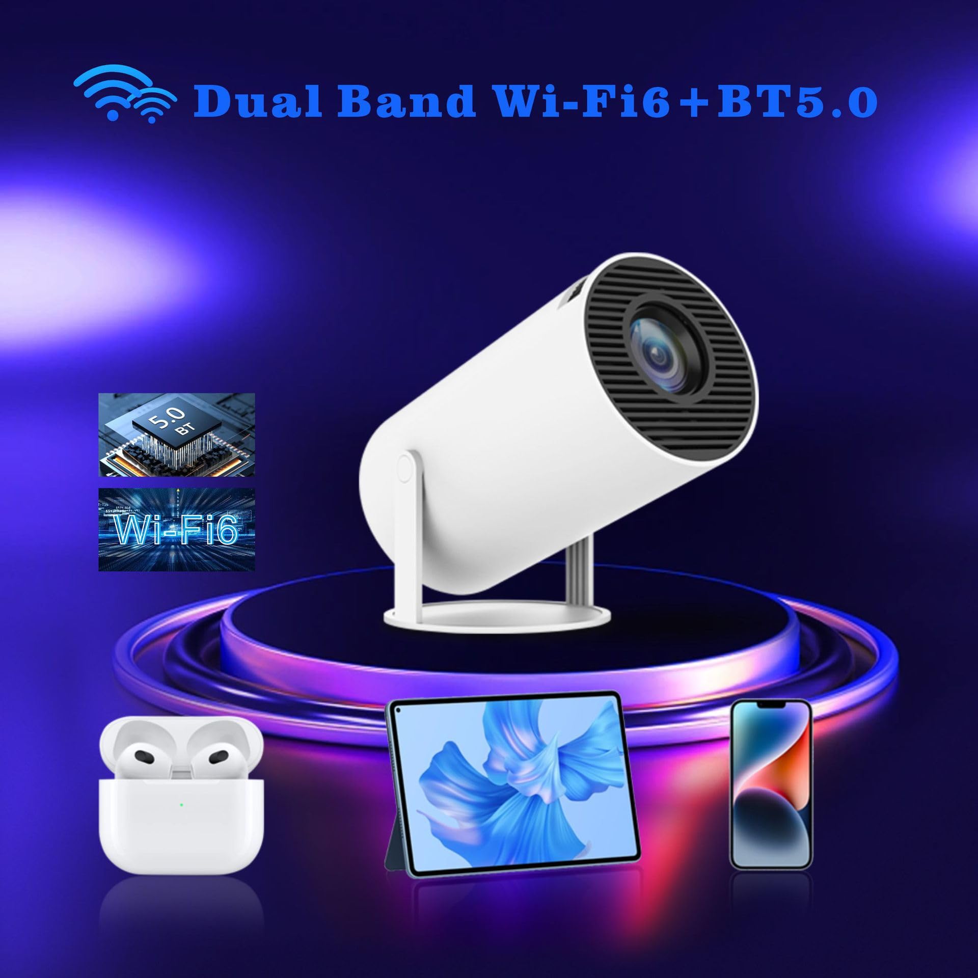 Mini projecteur Bluetooth WiFi portable 4K avec correction automatique de la distorsion, rotation à 180°, écran 130", Android 11, 5G double bande, projecteur de films pour la maison
