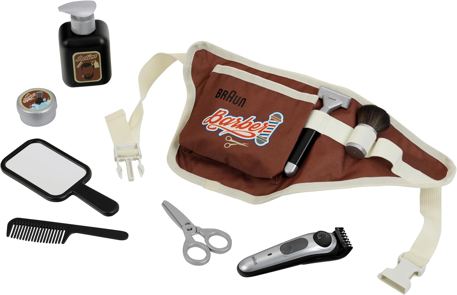 Theo Klein 5838 Braun Barber Set, Bum Bag with Many Barber Shop Utensils, Electric Game Beard Trimmer, Toy for Children from 3 Years