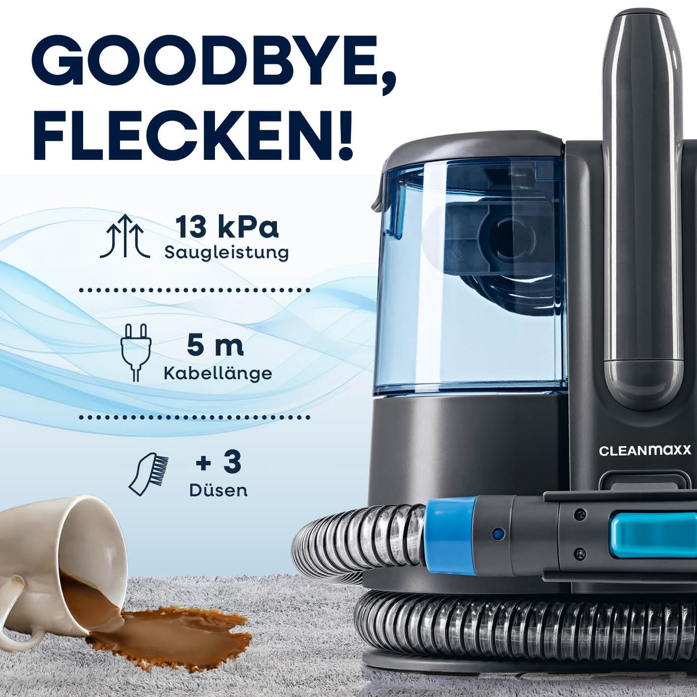 CLEANmaxx Polster und Teppichreiniger Pro Power | 3in1: Aspirapolvere lavante, Pulitore per tappeti e imbottiture | Pulitore a umido per punti | Smacchiatore per tappeti, auto, divani, imbottiture