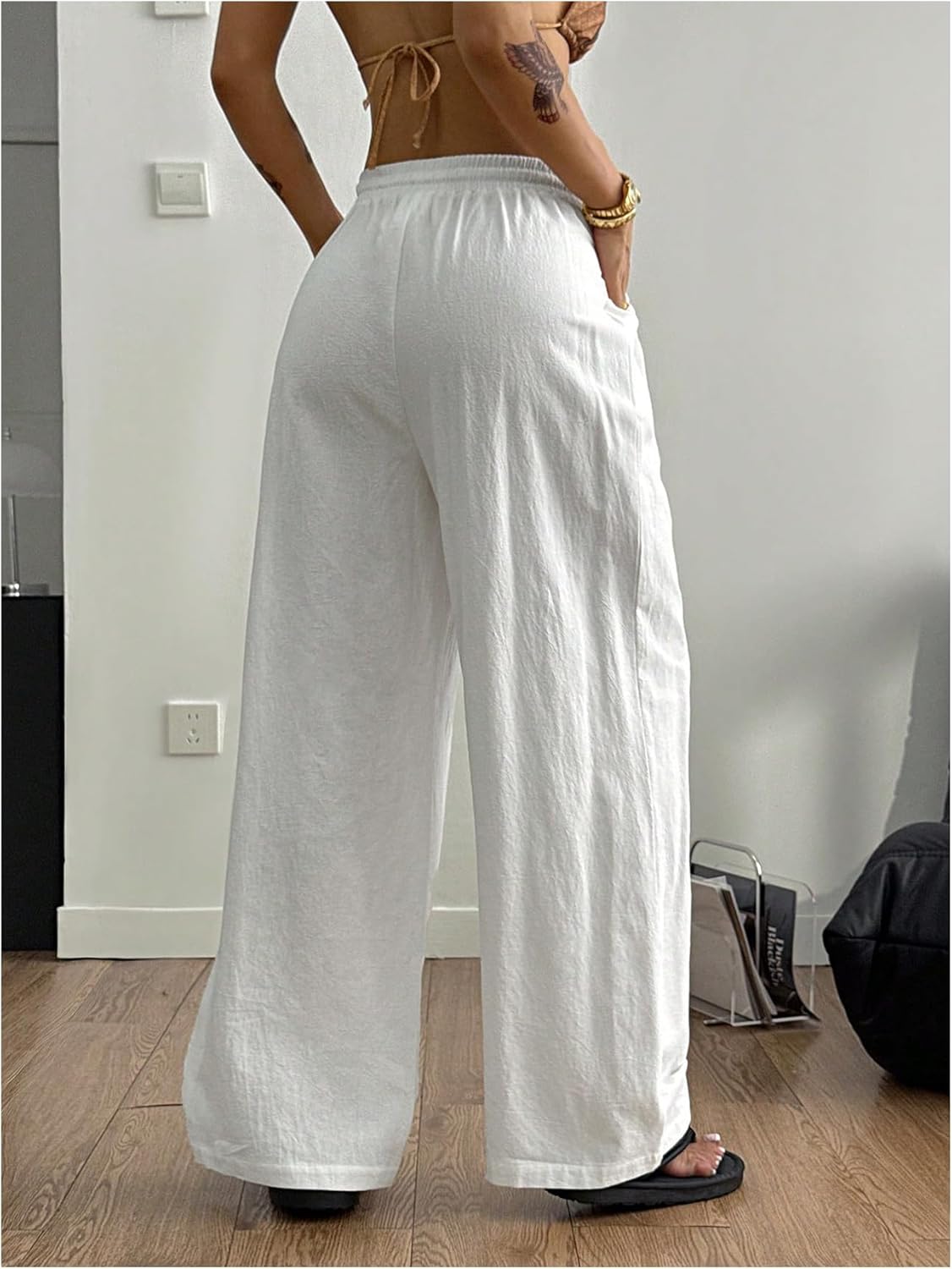 RoseSeek Women's Linen Beach Pants Drawstring Elastic Waist Wide Leg Palazzo Pants Bottom Swimsuit Coverups