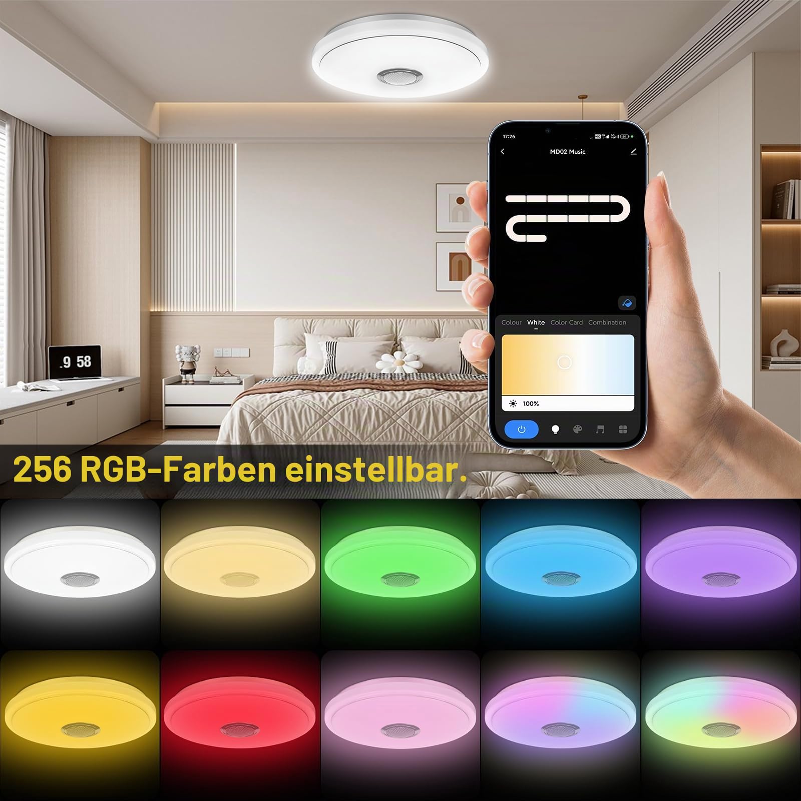 LED Deckenleuchte Dimmbar 60W LED RGB Deckenlampe Ø40CM Badezimmer Lampe Badlampe mit Bluetooth Lautsprecher Fernbedienung und APP-Steuerung für Kinderzimmer Schlafzimmer Wohnzimmer