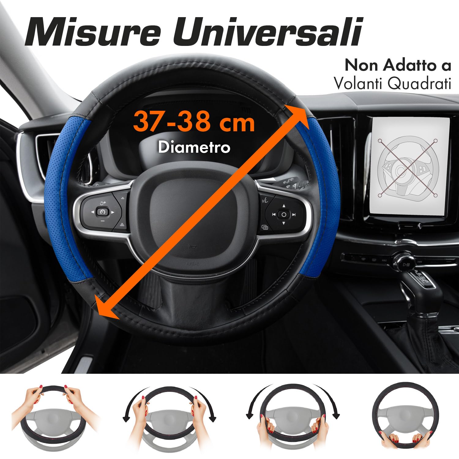 Upgrade4cars Coprivolante Auto Universale Nero Blu in Finta Pelle | Copertura di Volante Diametro 37-38 cm | Accessori Auto Interno | Regali per Donna e Uomo