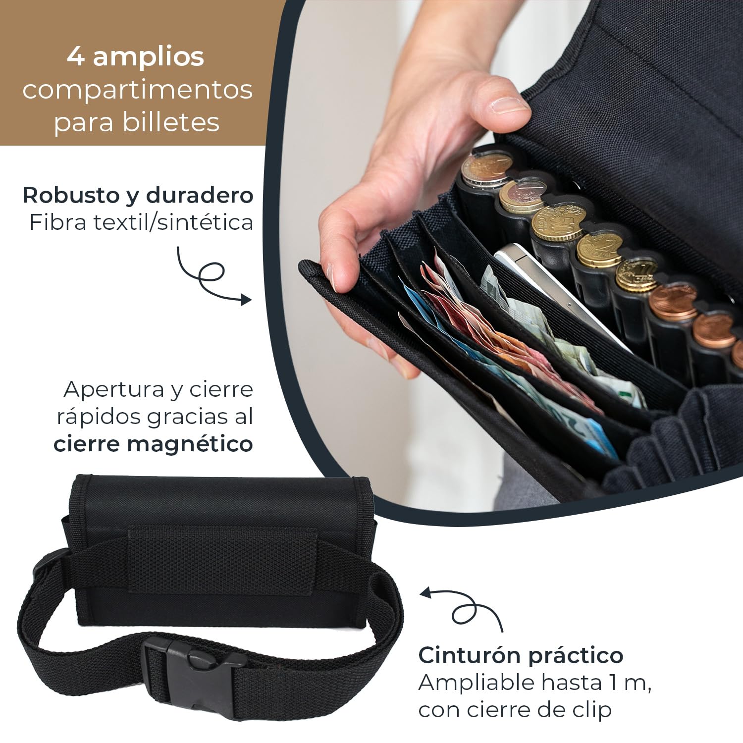 HMF Cartera de Camarero, Monedero Profesional con Cambiador de Euros y Correa de Transporte, 20,5 x 6,5 x 10 cm, Negro
