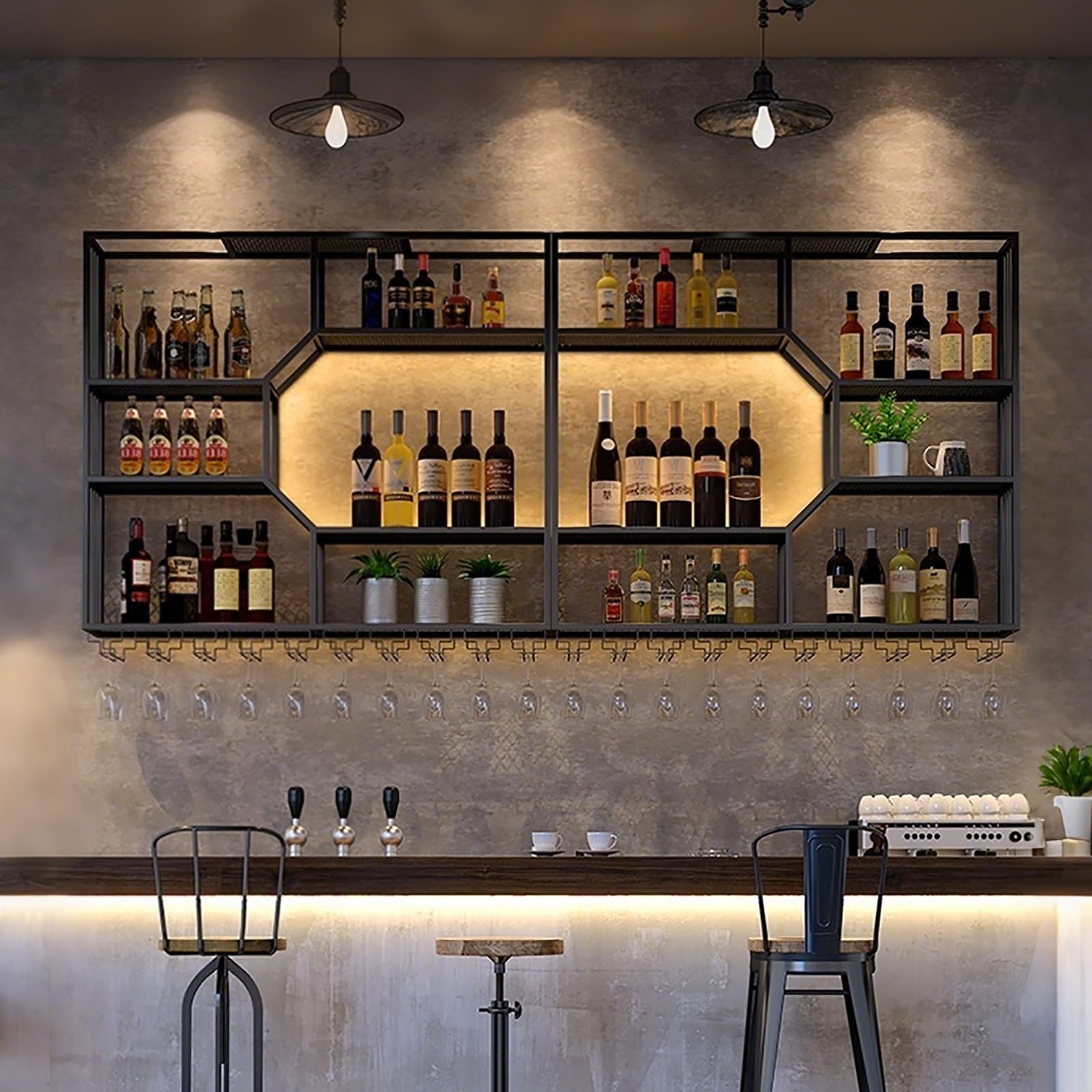 Botellero de pared LED, estante decorativo de metal para botellas y vasos, perfecto para cocina, bodega de vino o bar, soporte integrado para botellas y posavasos (86.6 pulgadas)