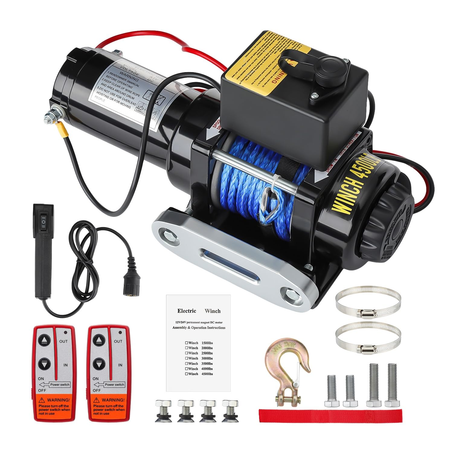 GEARMONSTER Elektrische Seilwinde 2041kg 4500lbs 12V mit Funkfernbedienung | Motorwinde, 12m Synthetikseil, 2 Funkfernbedienungen, Kabelsteuerung, Abschleppen, Quad, SUV, Jeep, Boot, wasserdicht IP67