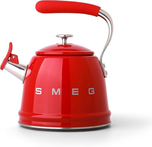 Stovetop Whistling Kettle – 50s Retro Style, 2.3 Liter (10 Cup / 2.4 Quart) Stainless Steel Tea Kettle with Iconic Design & Whistle – Premium Kitchen Statement Piece-Red