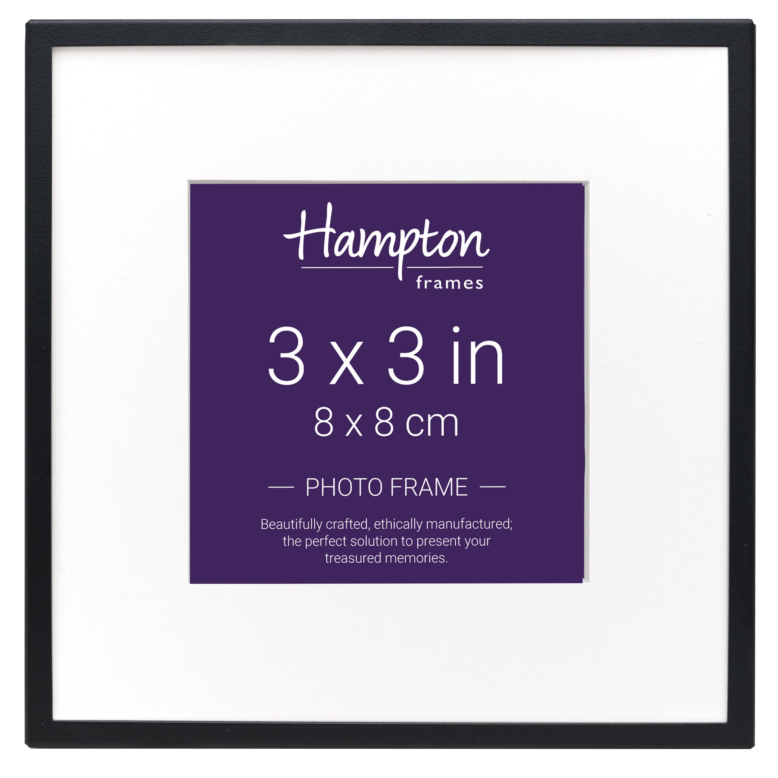 Hampton Frames, Photo Frame MADRID M138B33, 3x3in (8x8cm) Square, Matt Black, Narrow 5mm Profile, Bevel Mount, Velvet Back | Classic Display for Photos