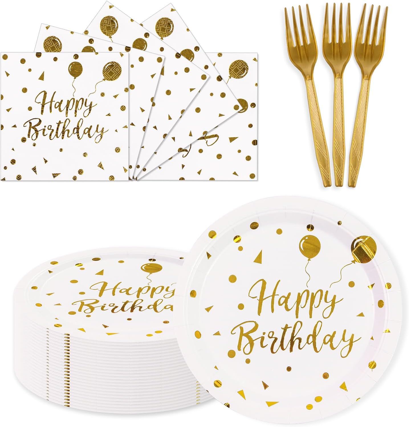 150PCS Happy Birthday Paper Plates and Napkins – 7 Inch White Gold Dot Paper Plates and 6.5 Inch Napkins with 6.3 Inch Gold Forks Disposable Tableware Set for Birthday Party Decorations, Serves 50