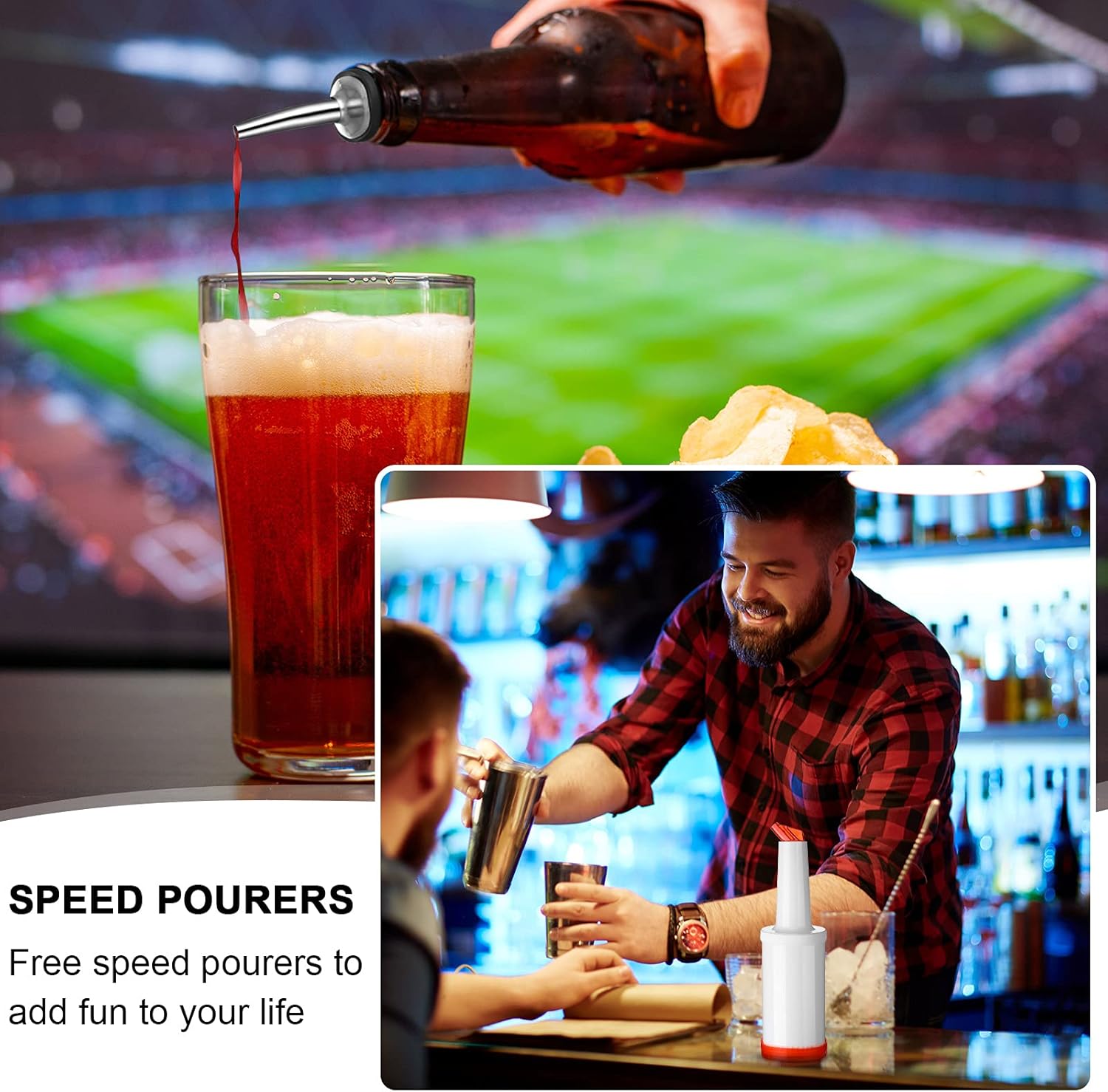 CHENGU Fruit Juice Pour Bottles 34 oz Plastic Liquor Bar Supplies with Stainless Steel Bottle Pourer Tapered Spout for Cocktail Bartending Liquor Juice Store(Multi Colors,6 Pack)