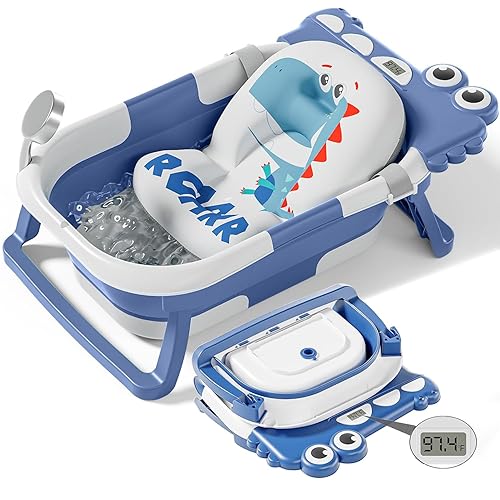 TPN - Bañera plegable para bebés con cojín suave y termómetro en tiempo real, bañera portátil de viaje para recién nacidos e infantes (de 0 a 36