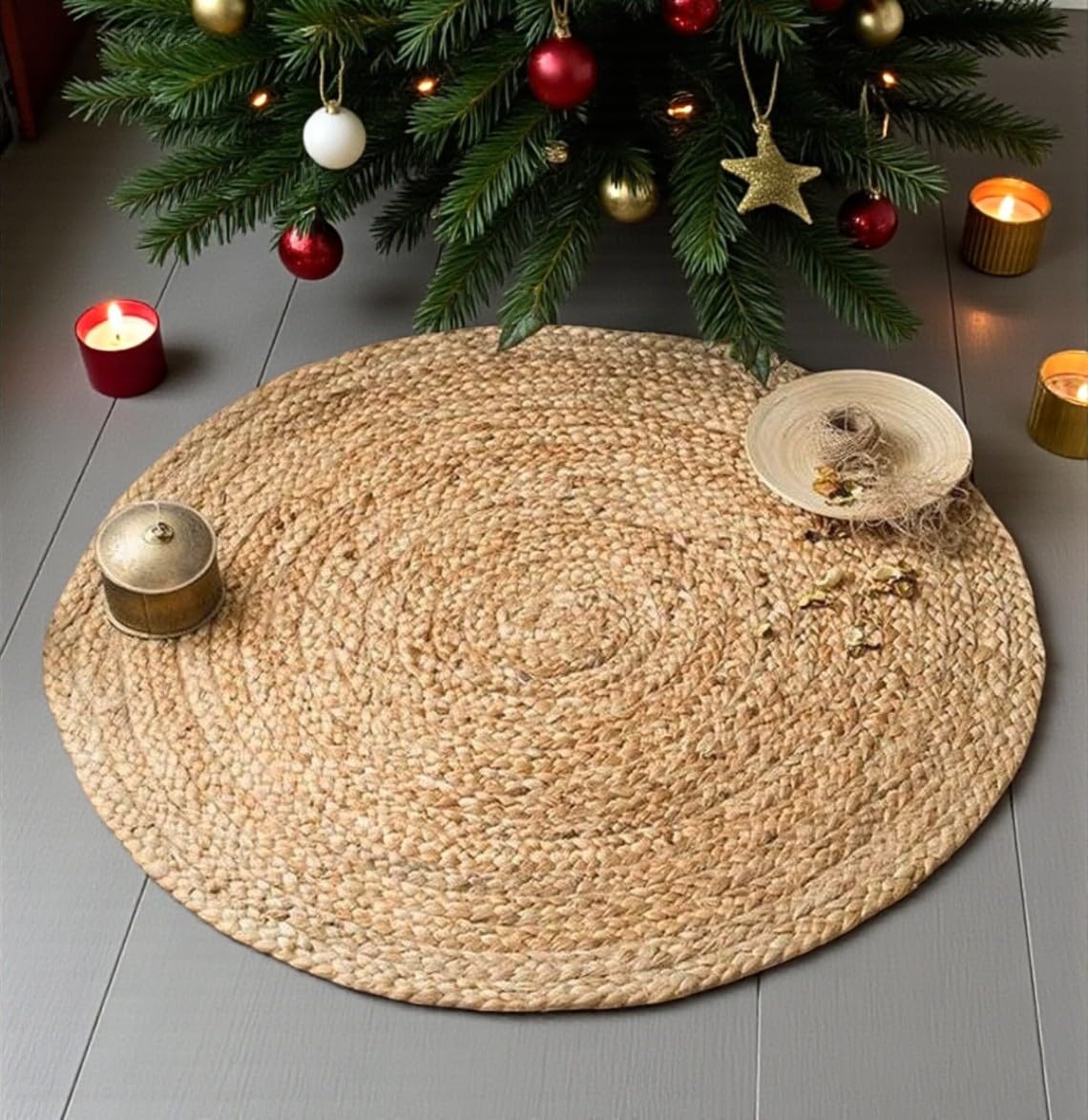 MDS Pack of 1 Handwoven Braided Jute Area Rug - 3 feet Round - Natural Reversible for Home Decor, Living Room Doormat Kitchen, Entryway Rug, Jute