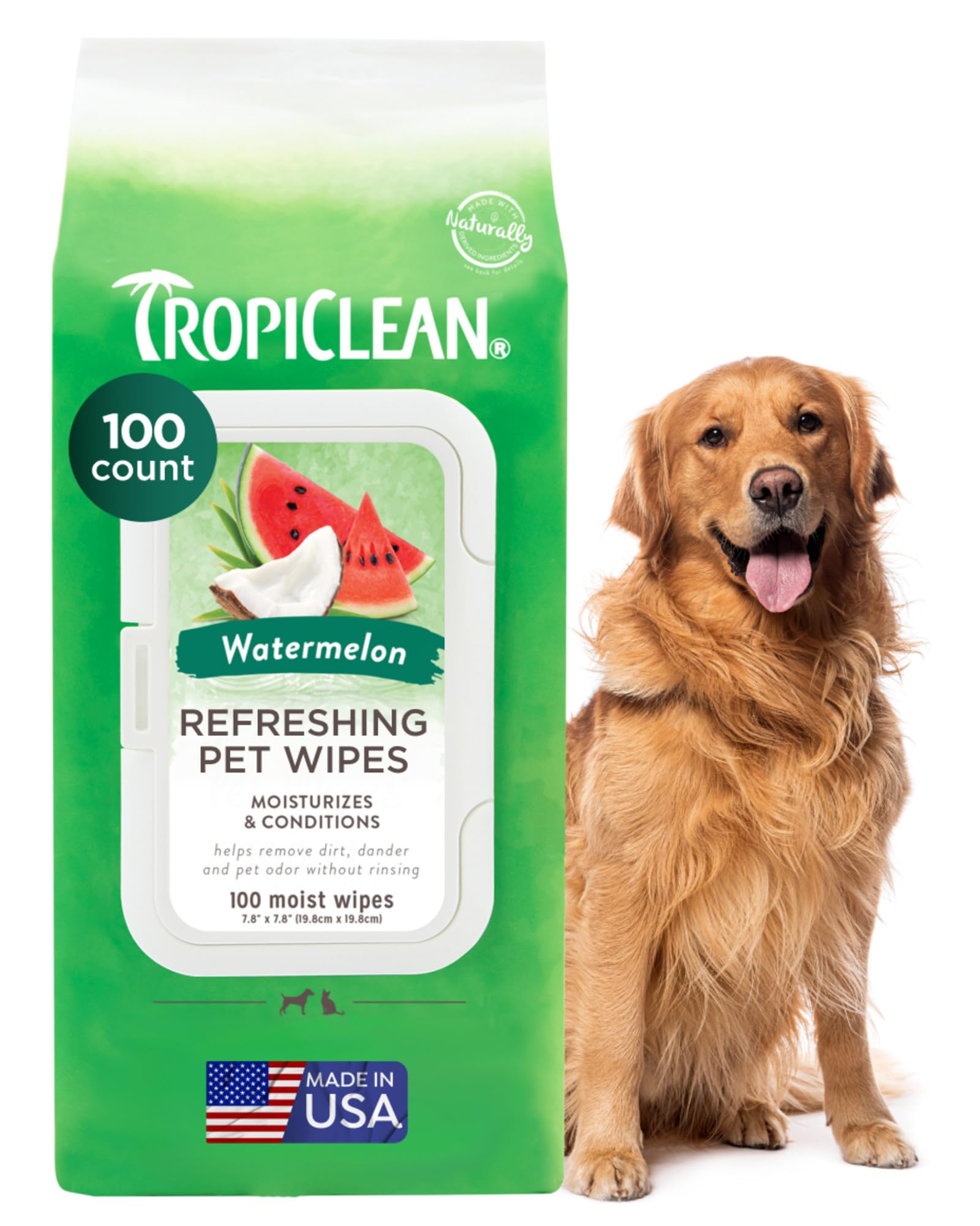 TropiClean Watermelon Dog Wipes for Paws and Butt | Deep Cleaning Dog Grooming Wipes | Safe for The Face | Cat Friendly | 100 Count