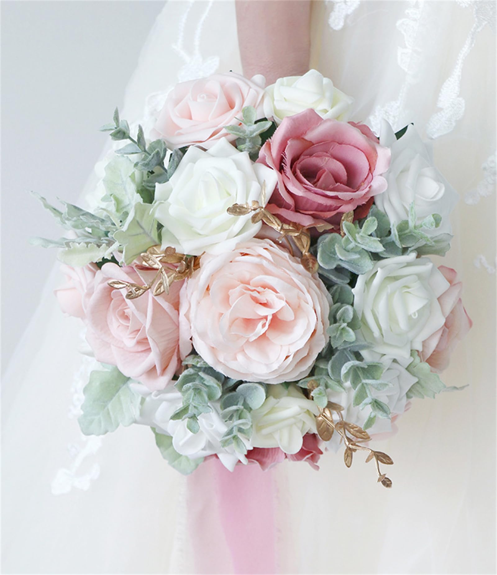 CVJdfhRE bridal bouquet， 10 Inch Pink, Stunning Artificial Roses Bridal Bouquets, Romantic Bride Tossing Bouquet