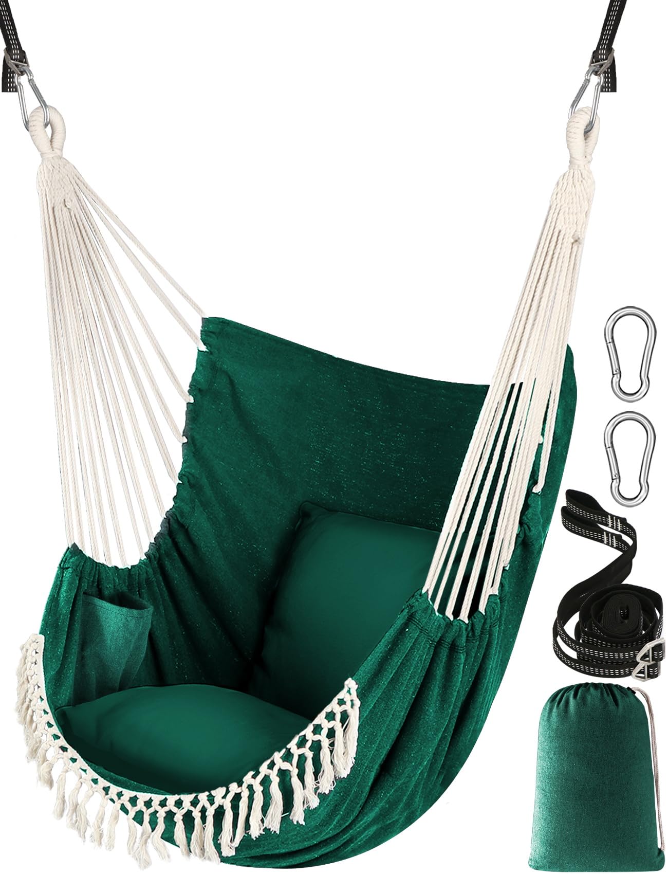 Chihee Columpio Colgante para Silla con Hamaca 2 Cojines,Correas de Malla Fuertes y Ganchos para Colgar fácilmente,algodón Suave Silla Colgante Bolsillo Lateral Juego de Silla borlas Comodidad