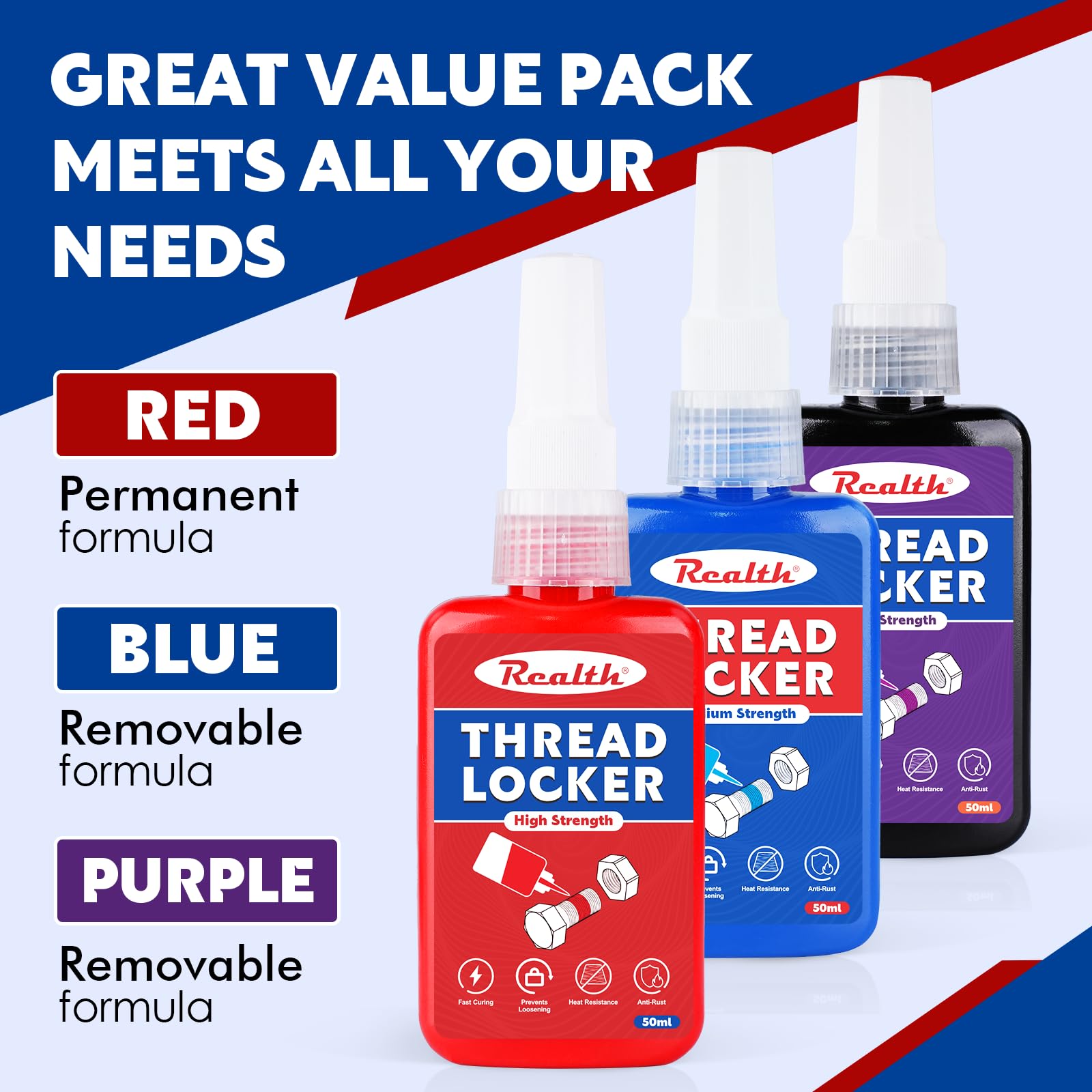 Realth Thread Lock Blue 50ml, 16.60 x 6.70 x 3.20 cm - Image 2