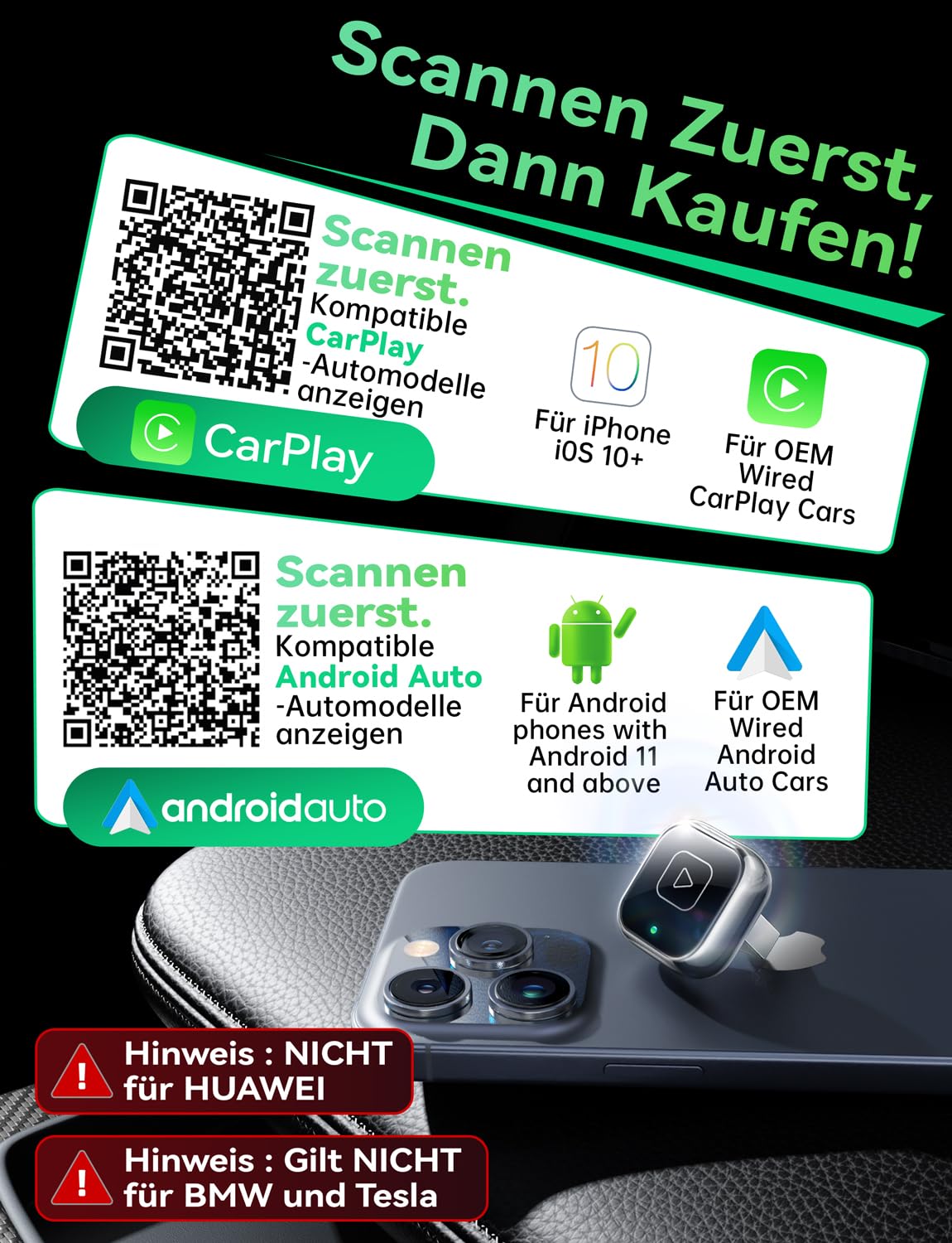 Mavlou Metalldesign Mini 2-in-1 Wireless CarPlay Android Auto Adapter Dongle für iOS 10+ Android 11+ Autos ab 2016 Schwarz
