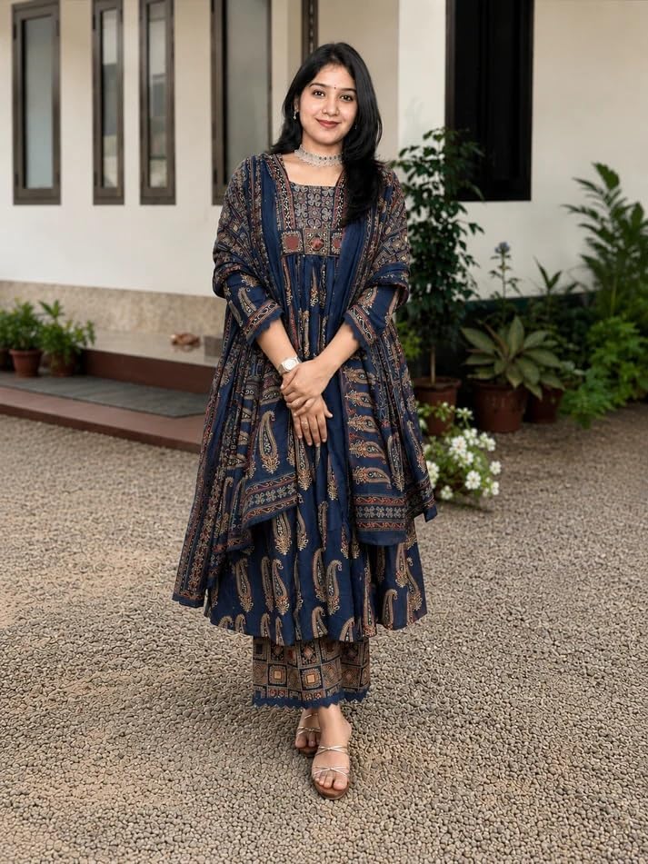 Image of Nermosa Women's Printed Anarkali Kurta Palazzo Set with Dupatta