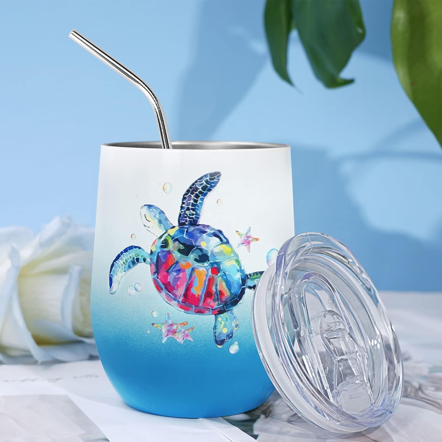 Sea Turtle Insulated Wine Tumbler for Women, Birthday Gift for Sea Turtle Lovers, 12 oz Stainless Steel Beach Wine Glass Mug Cup with Lid and Straw, Ocean Beach Gifts for Mom Best Friends Coworker - Image 3
