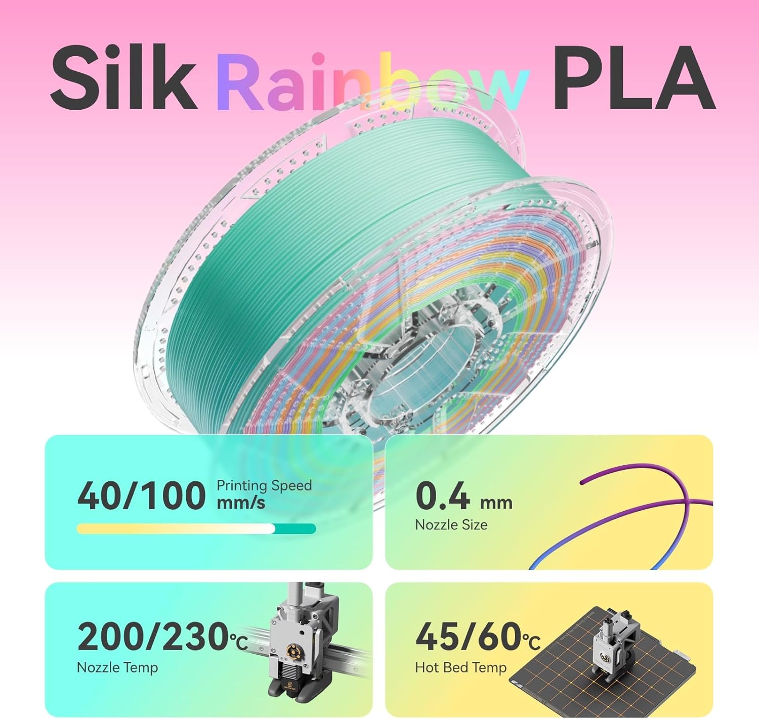 Conjure Silk Rainbow PLA 3D Printer Filament, Multicolor Rainbow PLA Red Blue Purple Yellow Green Mini Filament 1.75mm 3D Printing Filament 2KG/4.4LB - Image 5