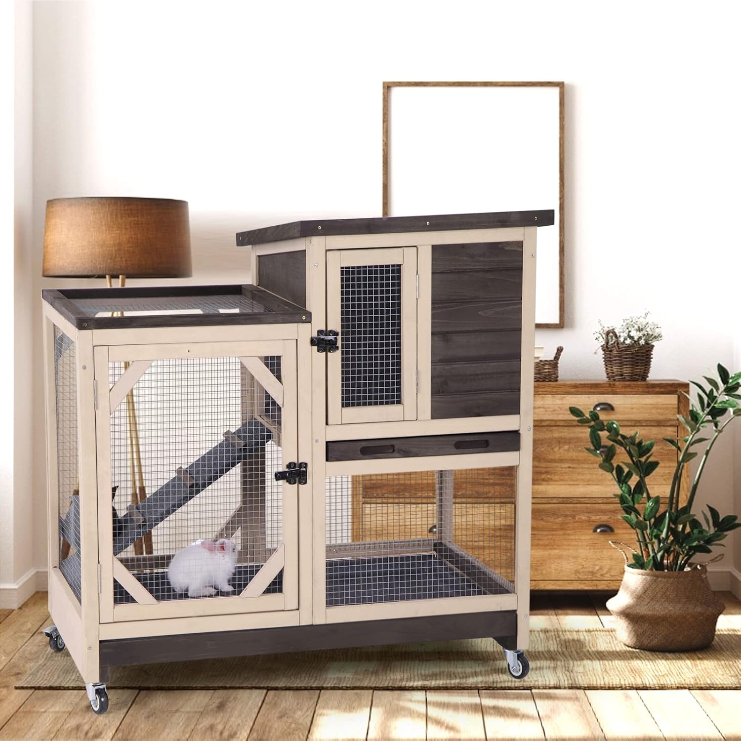 Rabbit Hutch Cage Outdoor and Indoor Bunny Hutch on Wheels with Two Deeper No Leak Trays, Guinea Pig Cages Rabbit House (Matcha Color)