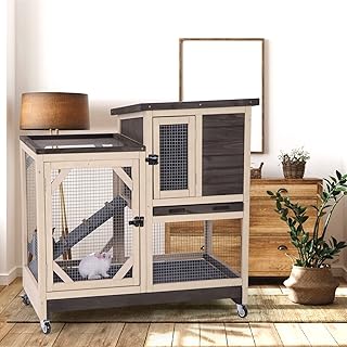 Rabbit Hutch Cage Outdoor and Indoor Bunny Hutch on Wheels with Two Deeper No Leak Trays, Guinea Pig Cages Rabbit House