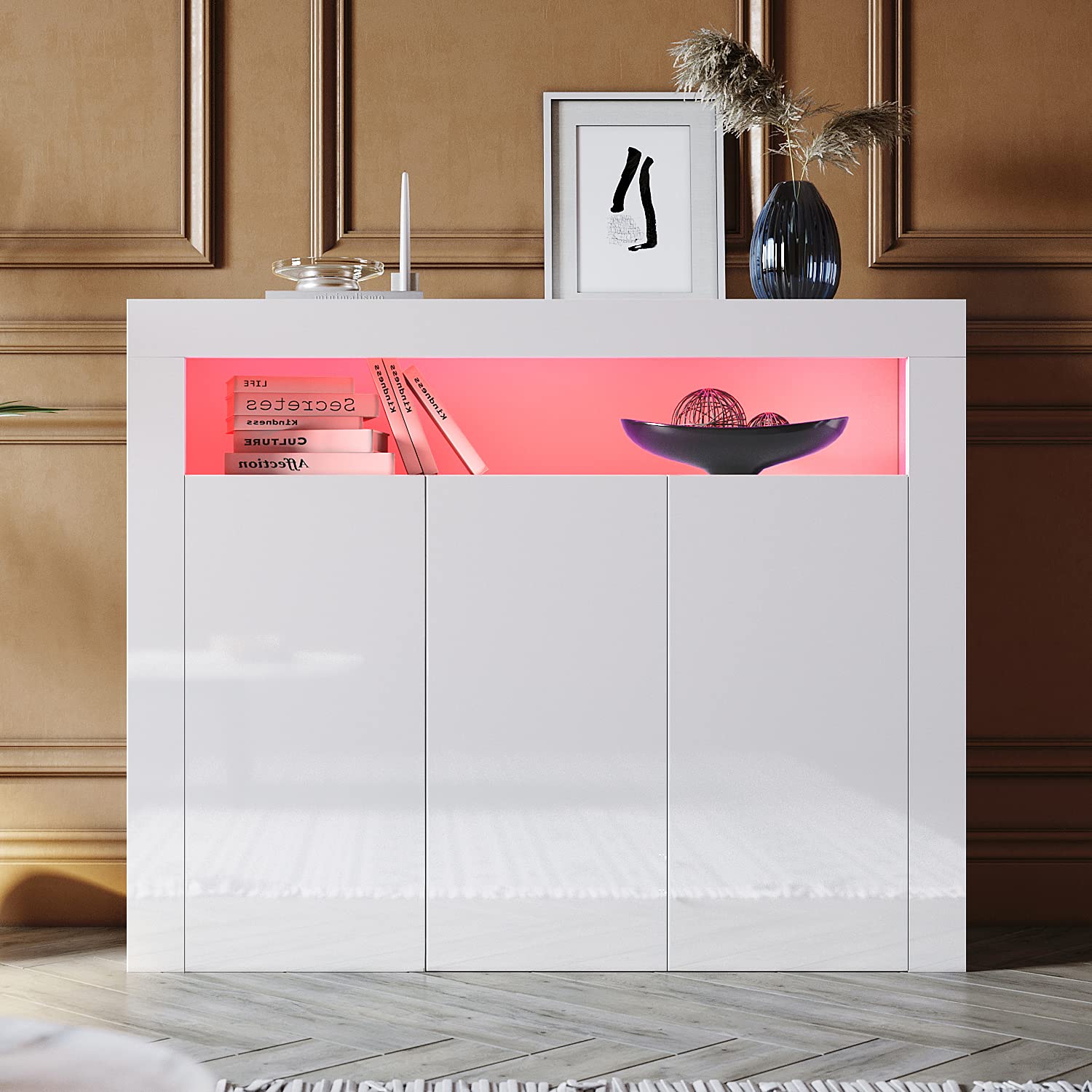 SONNI Aparador Blanco Brillo con 3 Puertas,Mueble Comedor Brillante con Iluminación LED 116x35x93cm,Armario Entrada para Salón/Cocina