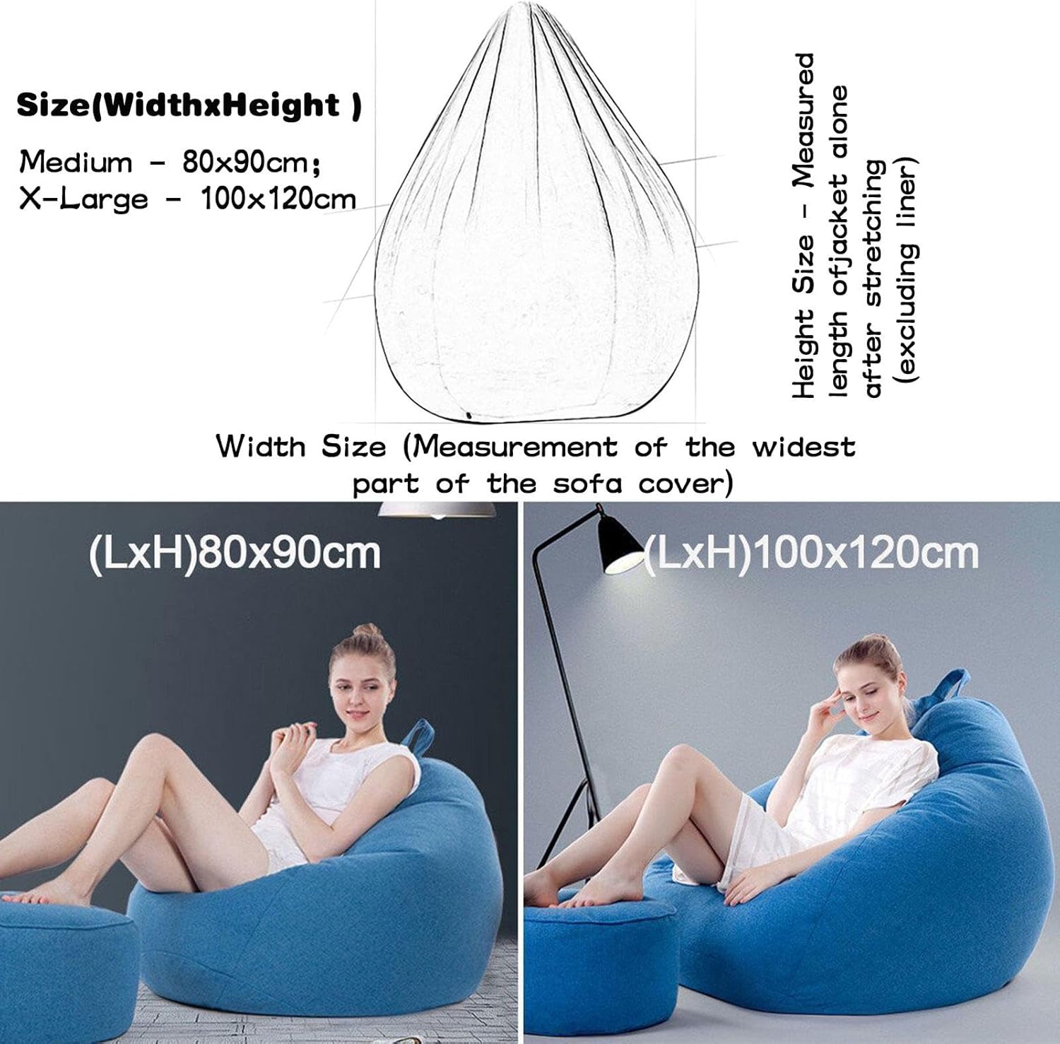 Stuffed Storage Bean Bag Chair Cover (No Filler) for Kids and Adults - Cotton Linen Stuffable Beanbag for Organize Plush Toys Memory Foam,Black-Medium