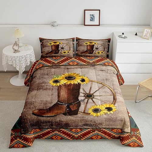 Miniatura 7 de Erosebridal Juego de edredón de vaquero, tamaño King, juego de ropa de cama retro con botas vaqueras, girasol, granja, piel de vaca, edredón de