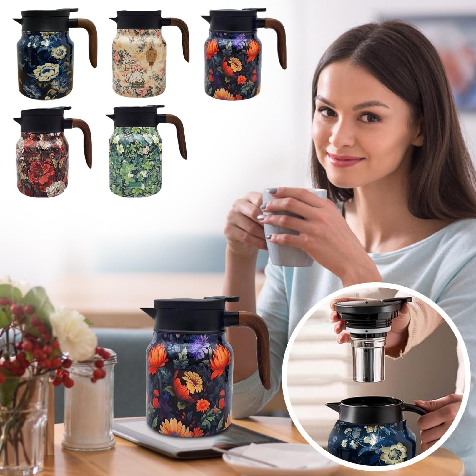 Thermoskan met theezeef, vintage bloemenpatroon, met bloemenpatroon