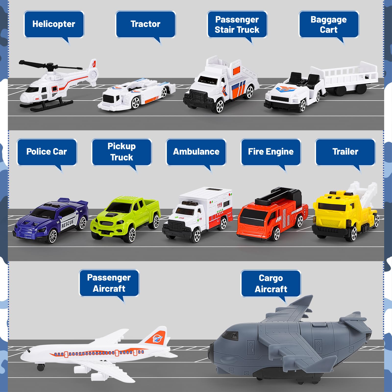 deAO Flugplatz Toy Strap Karte, Inkl. Gebäude des Flughafenterminals, Radarturm, 11 Verkehrsträger: Gepäckwagen, Polizeifahrzeuge, Verkehrsflugzeug, Straßensperre, Bodenpersonal für Kinder von 3–12