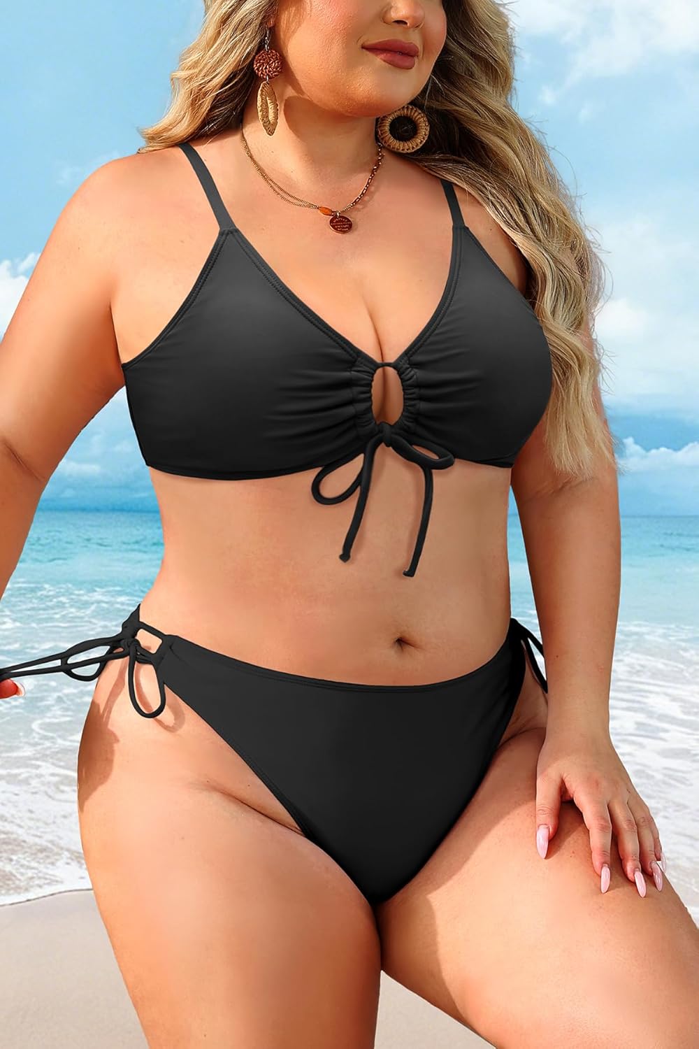 Daci Women's Plus Size Triangle Bikini Set, Sexy Tie Front Two-Piece Swimsuit