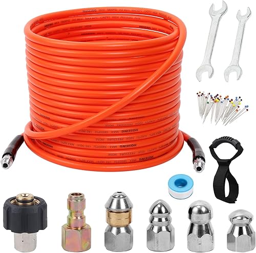 Miniatura 9 de Kit de chorro de alcantarillado de 200 pies para lavadora a presión, manguera limpiadora de drenaje de chorro de agua de 5800 PSI, botón giratorio