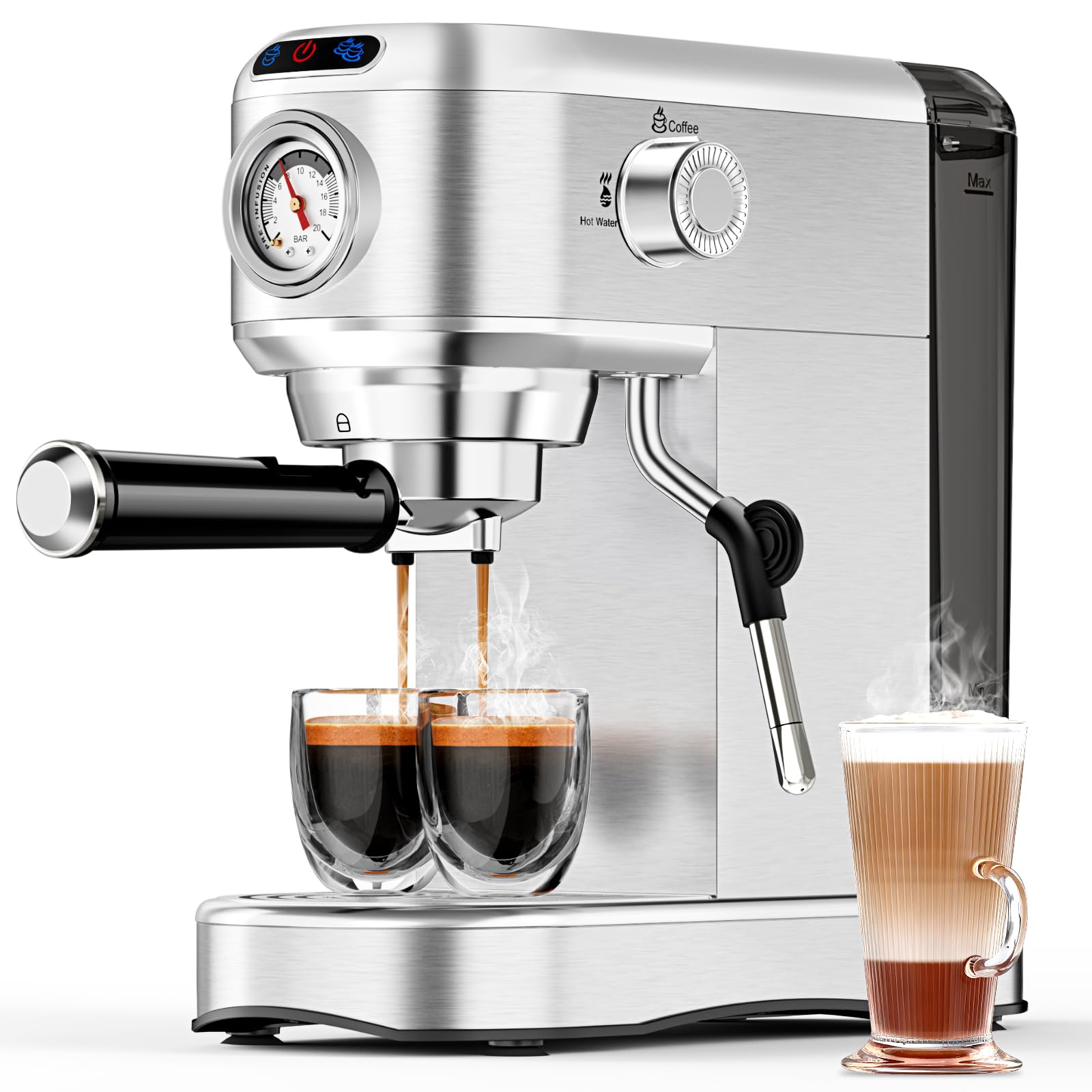 Espresso Machine with Milk Frother, 20 Bar Stainless Steel Coffee Machine, Espresso Maker with 34oz Removable Water Tank for Home, Office, Women or Men