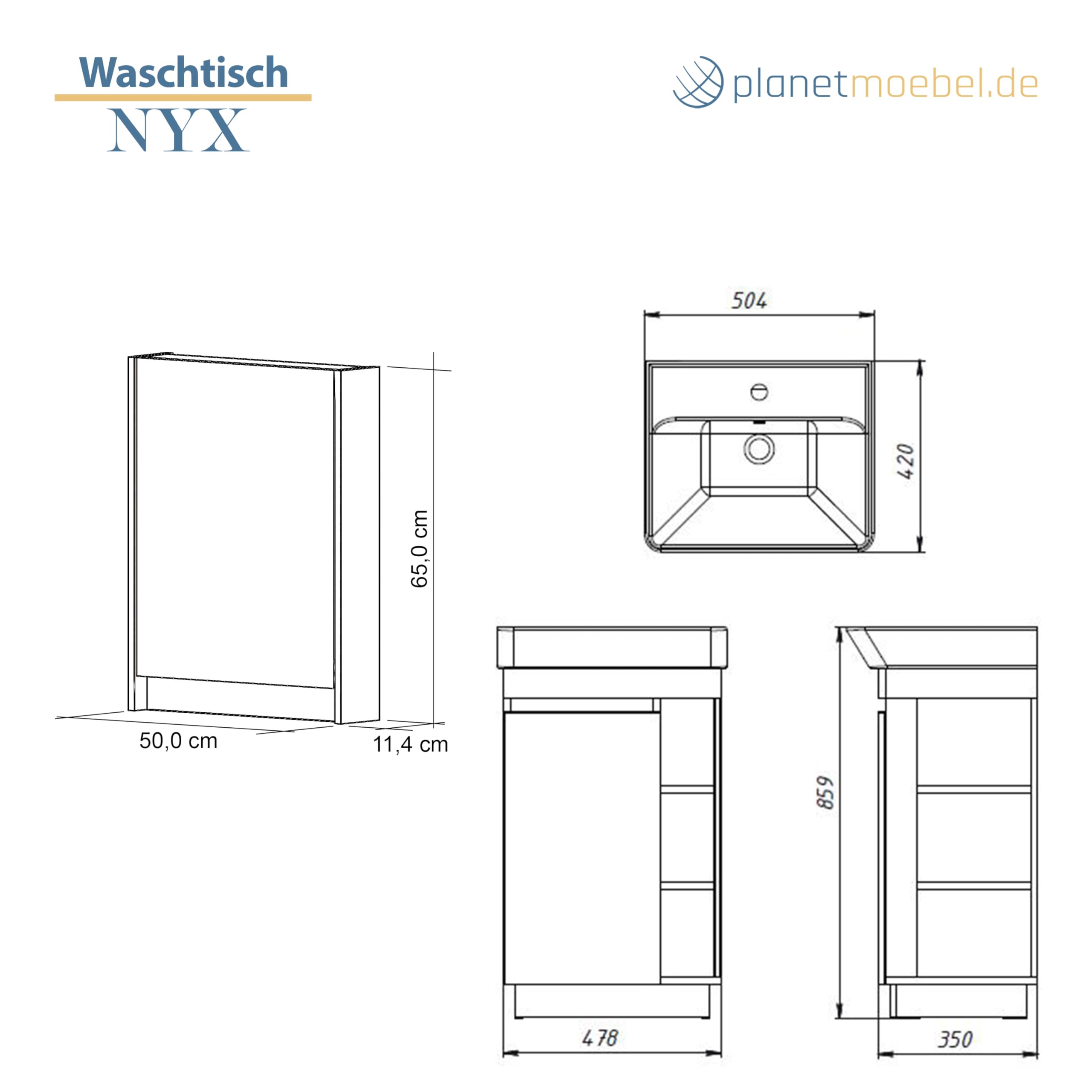 Planetmöbel Nyx Badmöbel Set 3-teilig Waschtisch mit Unterschrank 50 x 85,9 x 42 cm Wotan Eiche/Anthrazit inkl. Spiegelschrank 50 x 65 x 11,4 cm mit LED Aufbauleuchte & Bad-Armatur in schwarz