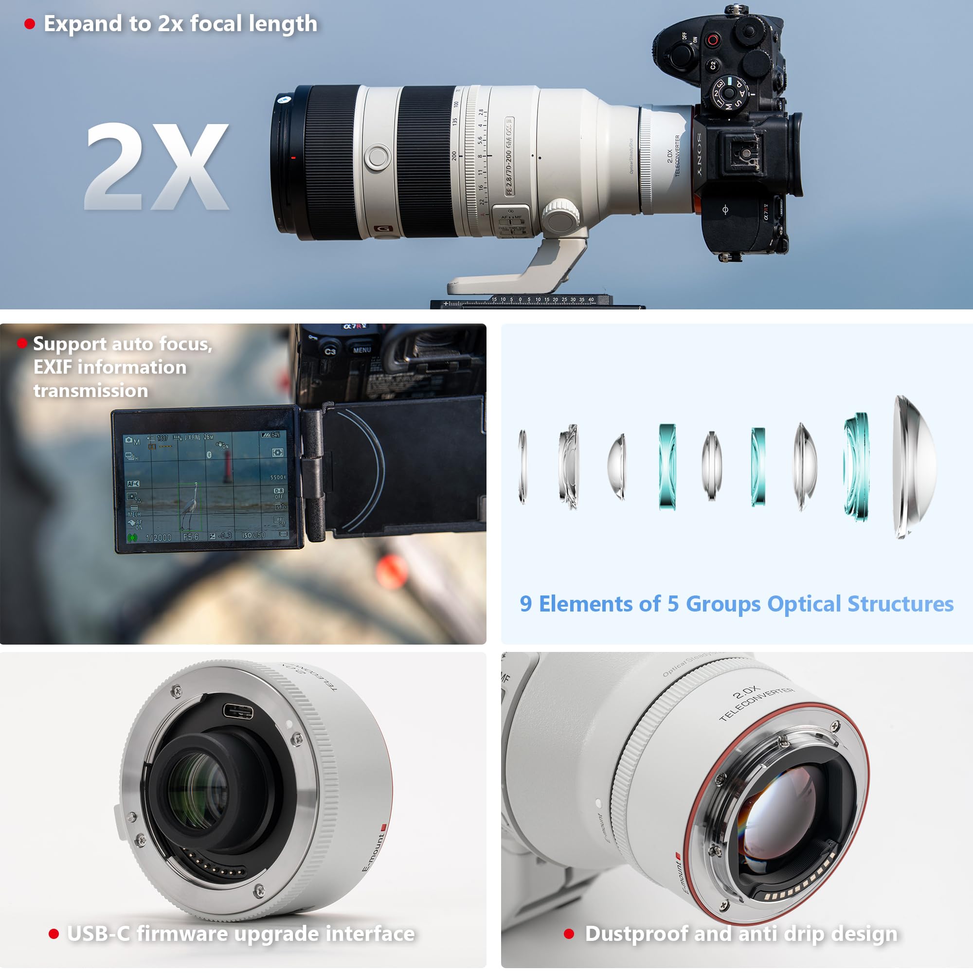 VILTROX Teleconverter TC-2.0X per Sony E Mount Teleobiettivo Extender Autofocus compatibile con obiettivo SEL70-200GM SEL100-400GM SEL200-600G