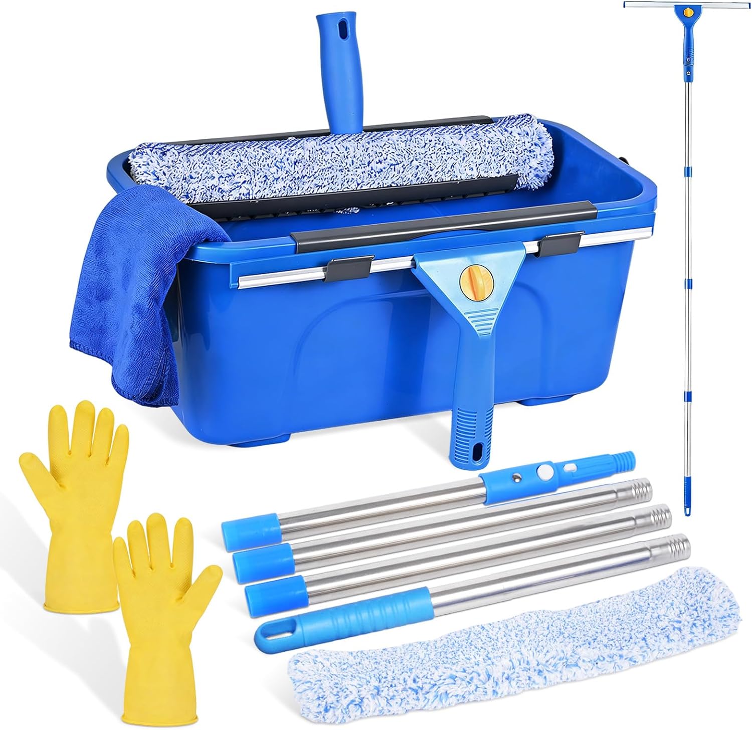 Professional Window Cleaning Kit, Window Washing Kit with 3 Gallon Bucket, 14-Inch Squeegee & 15-Inch Scrubber, 61-Inch Extendable Pole, Window Cleaning Equipment for Home & Commercial Use