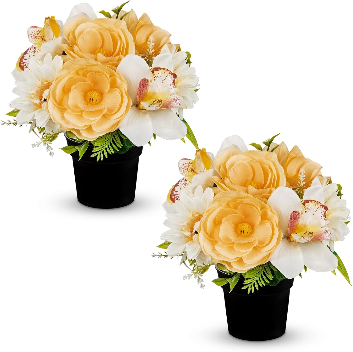 Hollyone 2Pcs Artificial Cemetery Flowers for Grave in Vase Silk Rose Lily Flower Arrangements Cemetery Decorations Memorial Flowers with Pot for Outdoor Headstones Decoration Purple