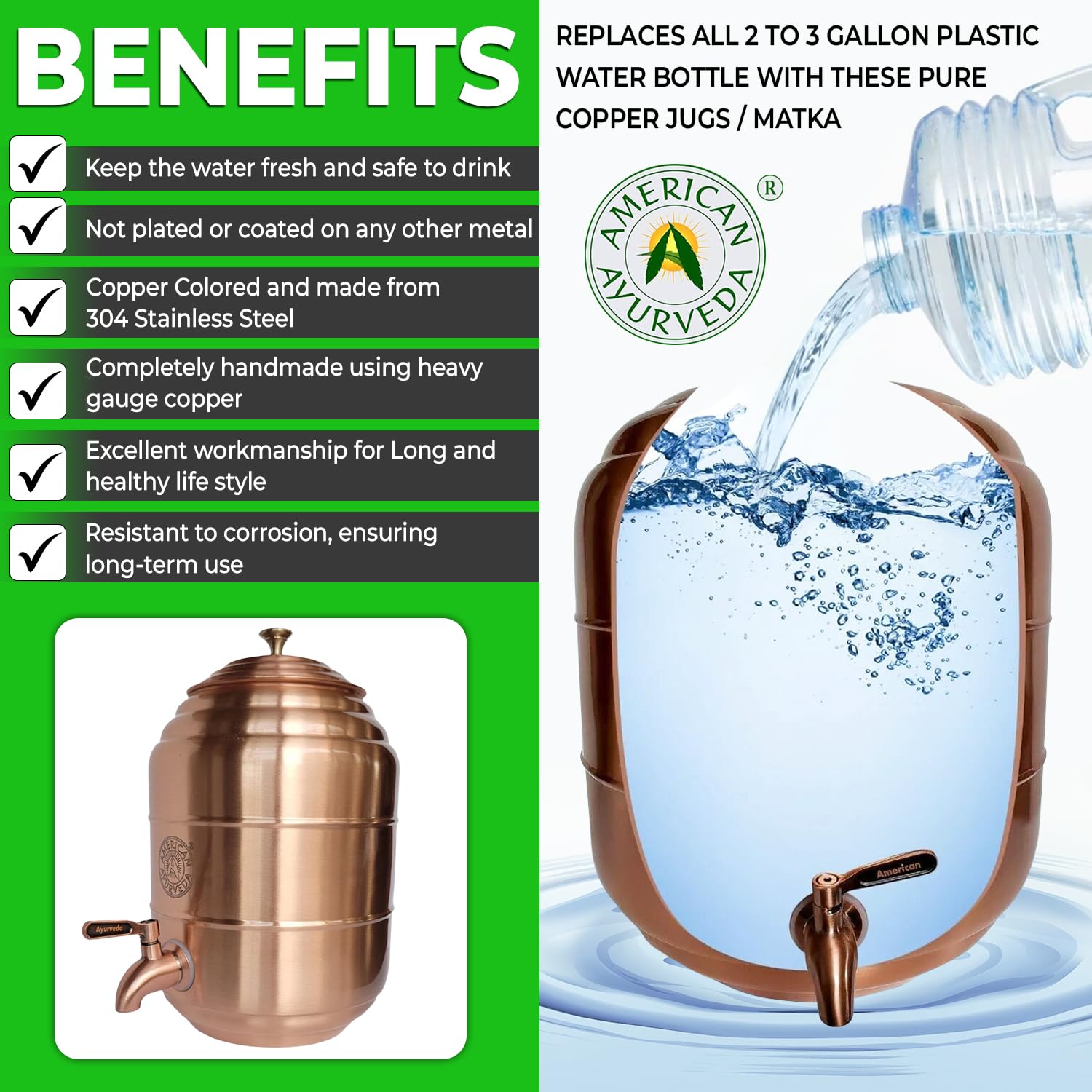 Wasserspender aus 100% reinem Kupfer, Edelstahl-Wasserhahn und Deckel im Lieferumfang enthalten, gesundes Bio-Wasser, Yoga, Meditation, 5 Liter