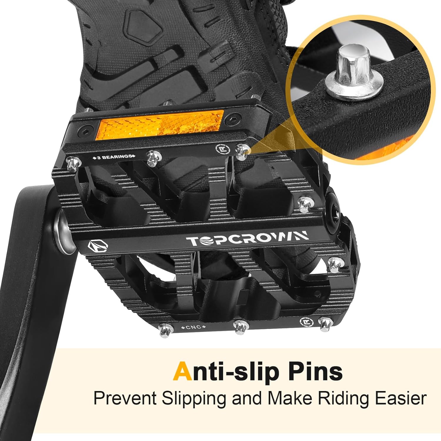 Topcrown Mountain Bike Pedals with Reflectors, Aluminum Metal Bicycle Flat Pedals 9/16" - 3 Sealed Bearings, Non-Slip Wide Platform with Removable Pins for MTB, Road Bike, BMX, Ebike