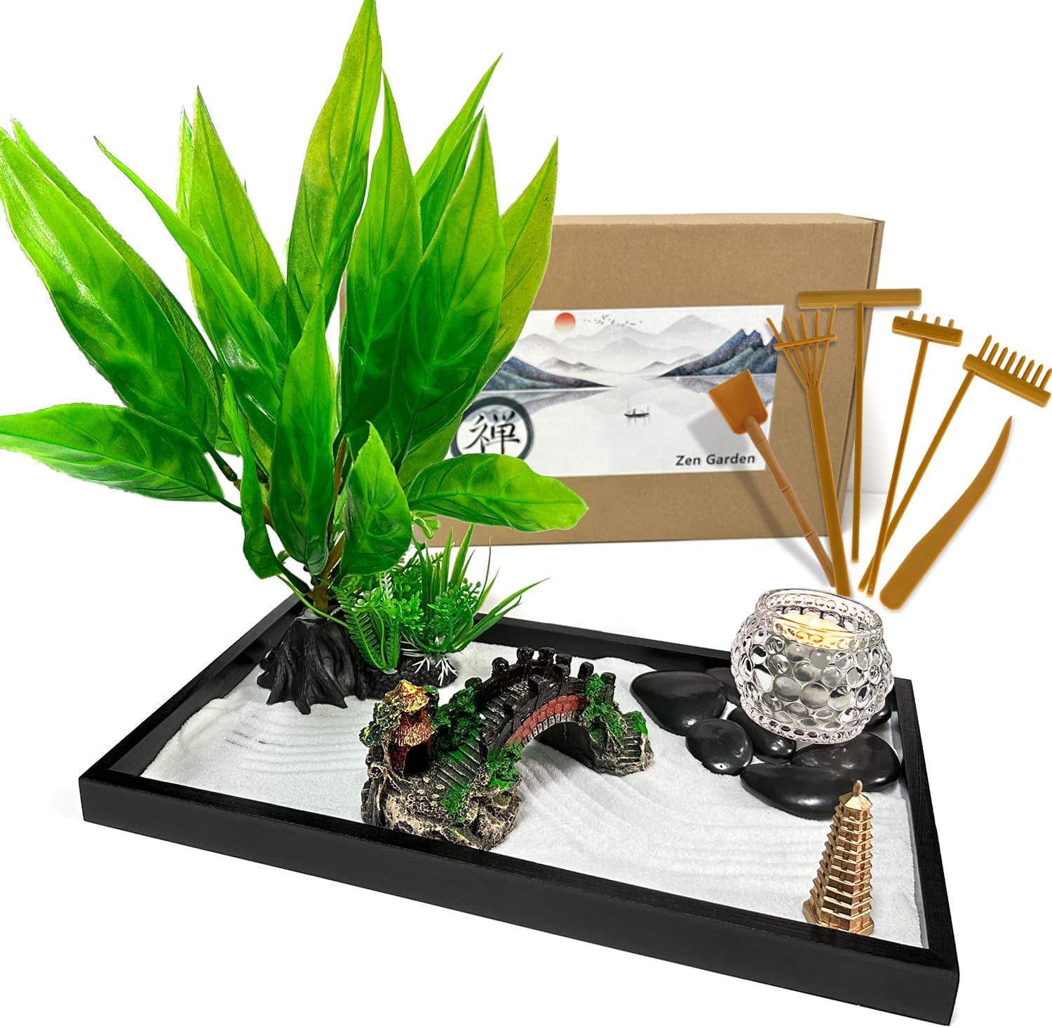 LuXianYS Zen Garden Kit 12x8in, Miniature Desktop Meditation Zen Garden Set