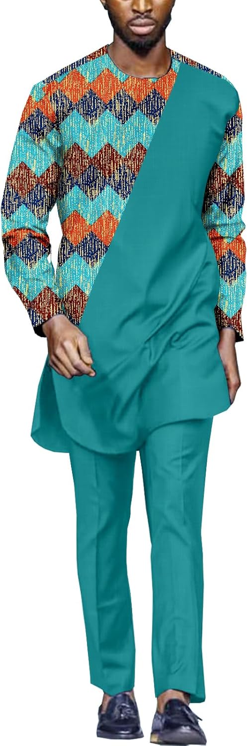 SEA&ALP African Suits for Men Wax Print 2 Piece Outfits Long Sleeve Shirt and Pants Set African Dashiki Tribal Attire