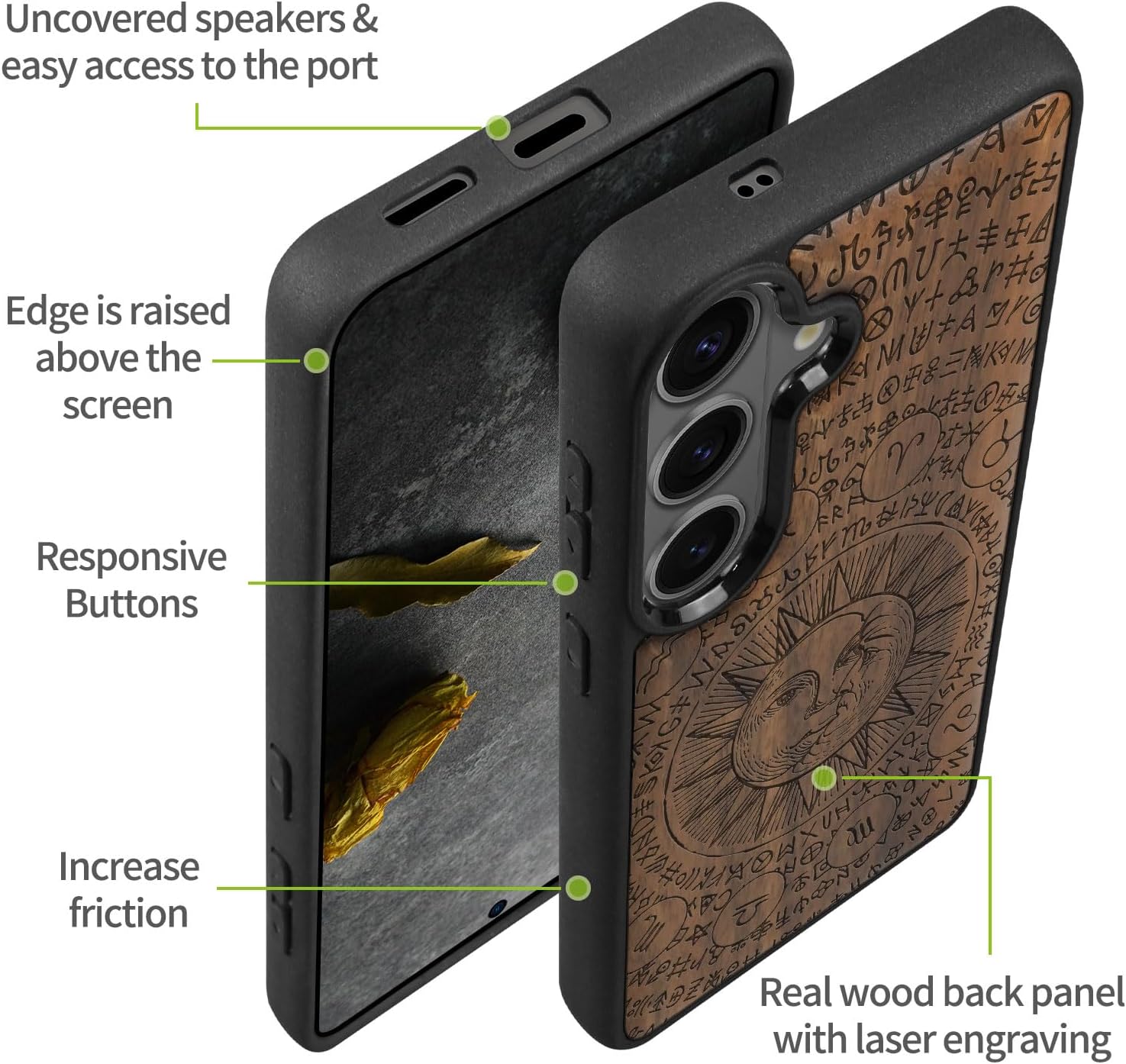 Carveit Magnetic Wooden Case for Galaxy S26+ Samsung S26 Plus Case, TPU Shockproof Cover & Wood Engraved, Compatible with MagSafe Wireless Chargers (Sun and Moon) Walnut