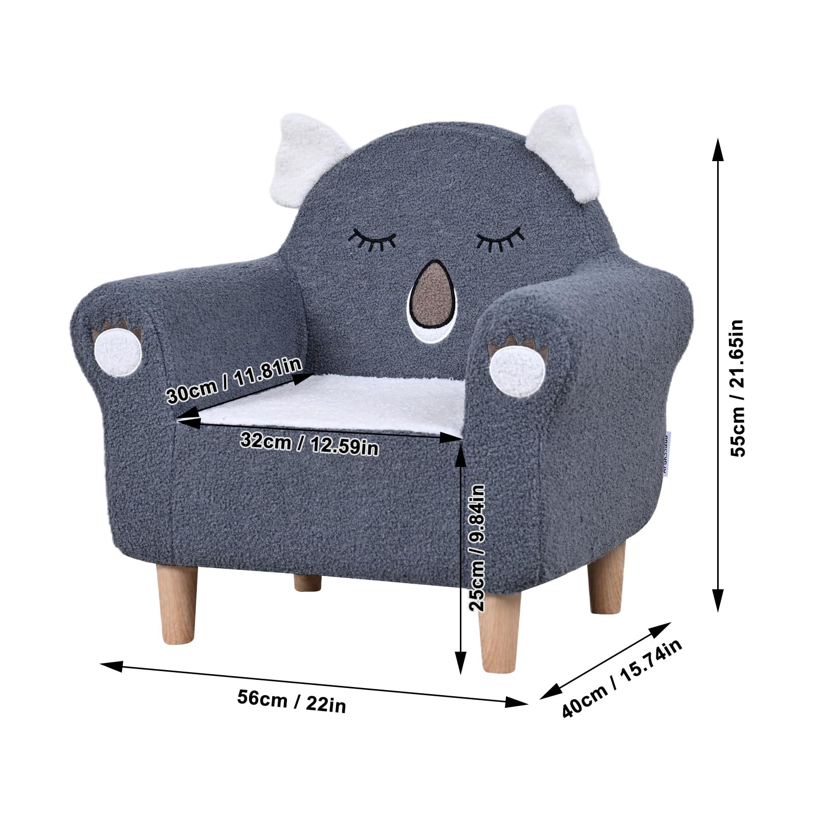 AFBKSS&BB Kid's Sofa with Embroidered Animal Motifs and Legs,Toddler Armchair with Wooden Base,Single Children's Chair for Boys and Girls. (Gray)